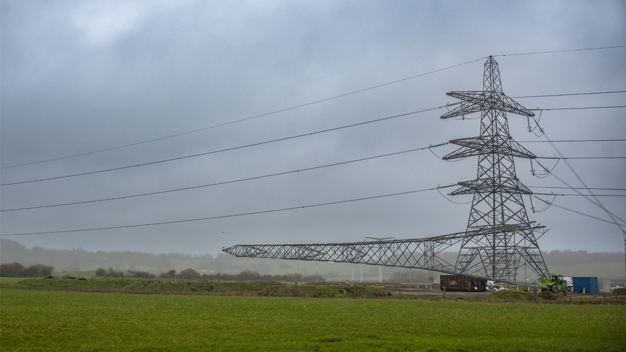 Felling of a temporary electricity pylon north of Bridgwater, Somerset
