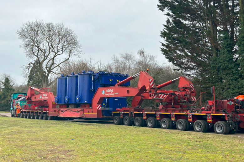 A transformer on a 8.8 metre long transporting vehicle