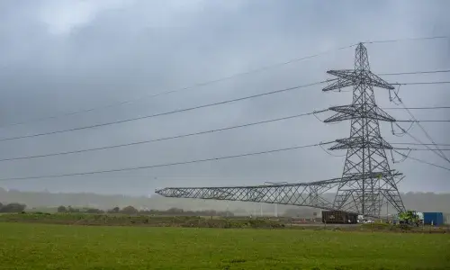 Felling of a temporary electricity pylon north of Bridgwater, Somerset
