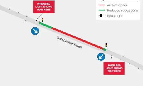 Map of traffic management measures along Colchester Road, near Leavenheath