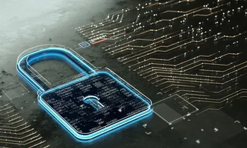 Abstract data security image with virtual lock on data chip