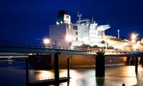 Ship docked at night at Grain LNG in Kent - used for the National Grid story 'Helping to fuel the nation'