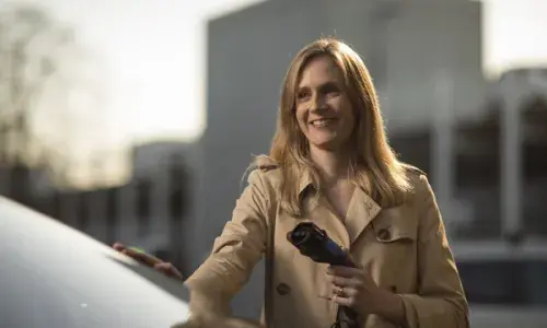 National Grid's Smart Meter Business Lead Laura Rainey charging EV for Green Collar Jobs story