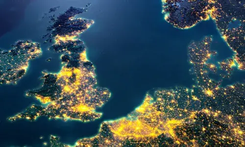 Map of GB and Denmark at night used for National Grid Viking Link story
