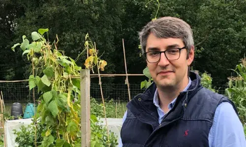 Photo of Matthew Goldberg in his allotment for National Grid's Green Collar Jobs series