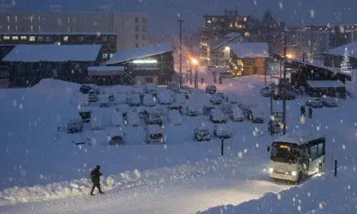 Road and buildings in snow for National Grid article