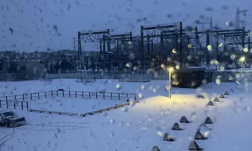National Grid Electricity Transmission substation during a storm