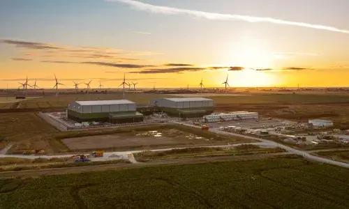 Aerial photo of the Viking Link UK Converter Station at sunrise
