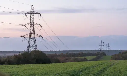 Photo of three National Grid pylons running across Cleeve Hill in the Cotswolds National Landscape