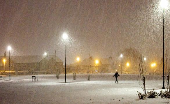 Person walking in a park beneath lit street lights as snow is falling