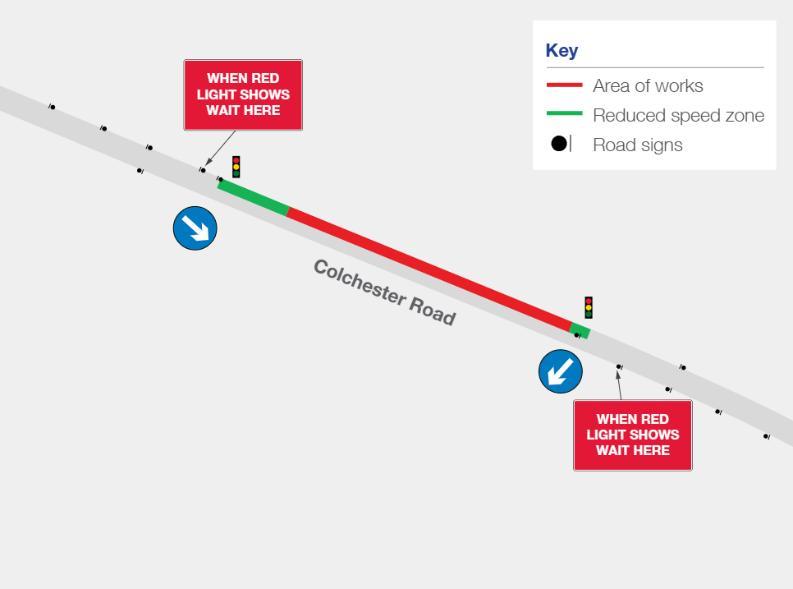 Map of traffic management measures along Colchester Road, near Leavenheath