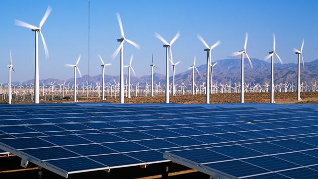EnergyExplained_DifferentTypesRenewableEnergy_640x360.jpg Solar panels and onshore wind farm with mountains in the background
